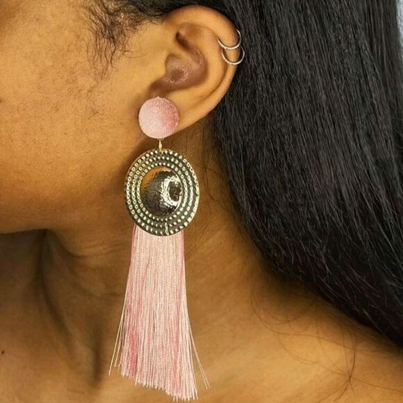 Gold earrings Womens pink oversized long boho tassel Fringe feminine 💖2/$30 - Picture 4 of 12